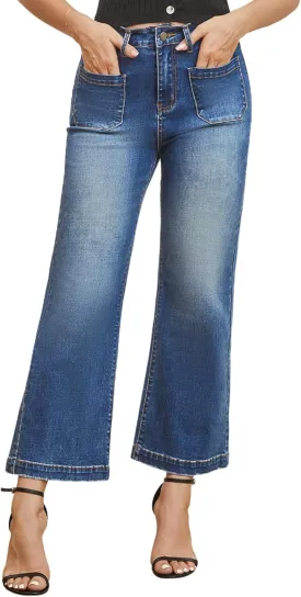 Womens Wide Leg Petite Jeans High Waisted Stretchy Cropped Flare Jeans with Patch Pockets