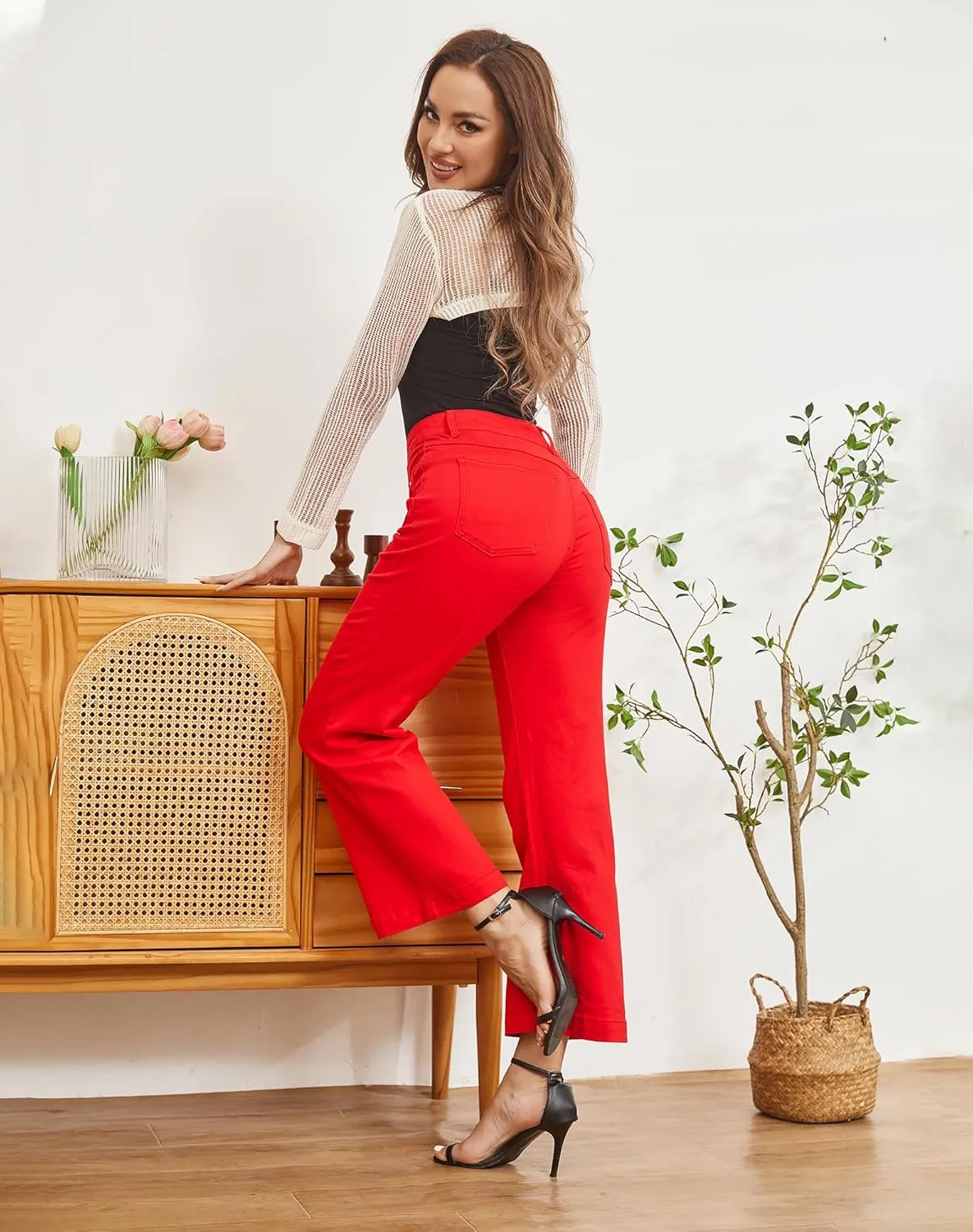 Womens Wide Leg Petite Jeans High Waisted Stretchy Cropped Flare Jeans with Patch Pockets