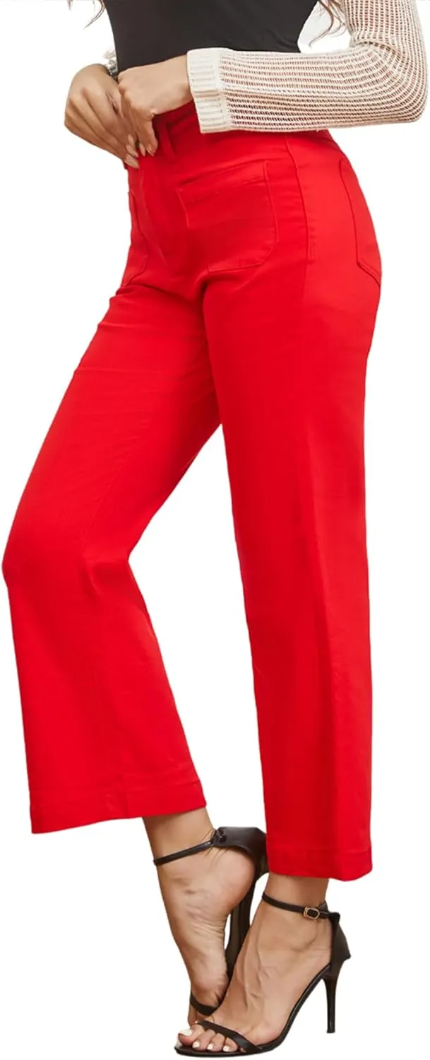 Womens Wide Leg Petite Jeans High Waisted Stretchy Cropped Flare Jeans with Patch Pockets