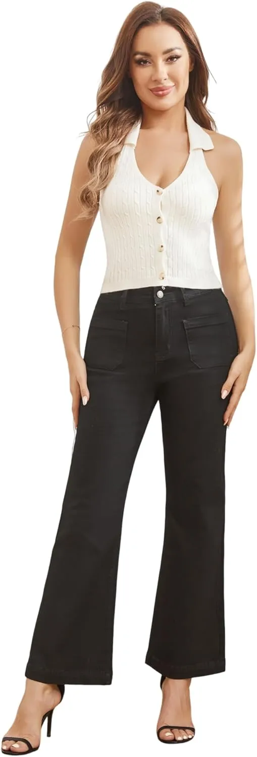 Womens Wide Leg Petite Jeans High Waisted Stretchy Cropped Flare Jeans with Patch Pockets