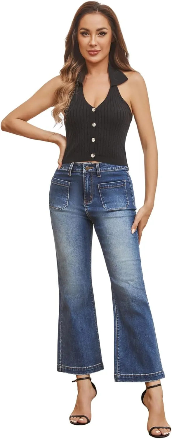 Womens Wide Leg Petite Jeans High Waisted Stretchy Cropped Flare Jeans with Patch Pockets