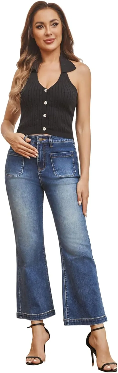 Womens Wide Leg Petite Jeans High Waisted Stretchy Cropped Flare Jeans with Patch Pockets