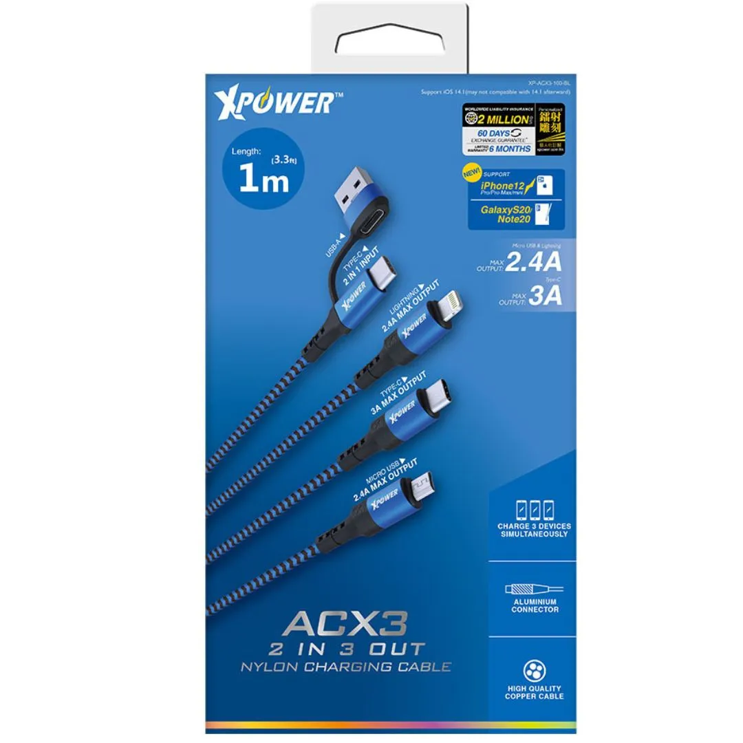 XPower ACX3 2in 3out Nylon Charging Cable (Micro USB, Type-C, Lightning) 1m