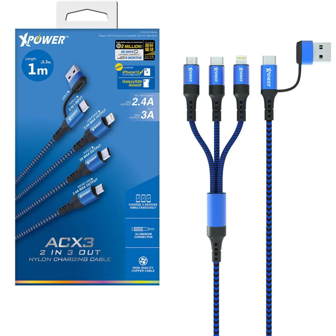 XPower ACX3 2in 3out Nylon Charging Cable (Micro USB, Type-C, Lightning) 1m