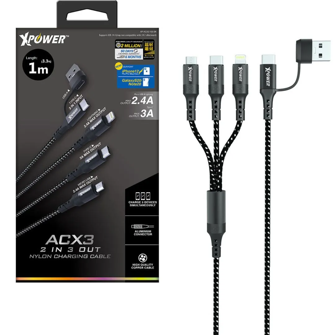 XPower ACX3 2in 3out Nylon Charging Cable (Micro USB, Type-C, Lightning) 1m