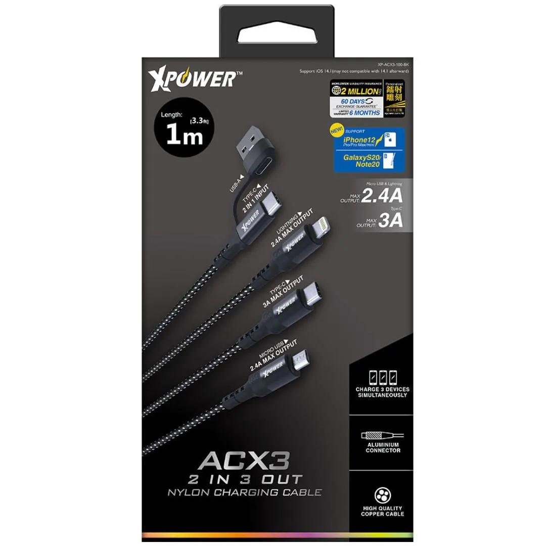 XPower ACX3 2in 3out Nylon Charging Cable (Micro USB, Type-C, Lightning) 1m