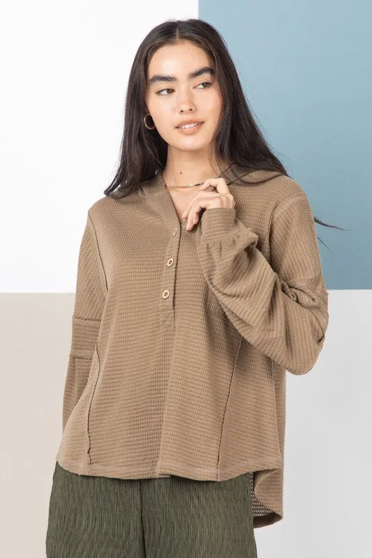 Zinnia Raw Edge Detail Hooded Knit Henley Top